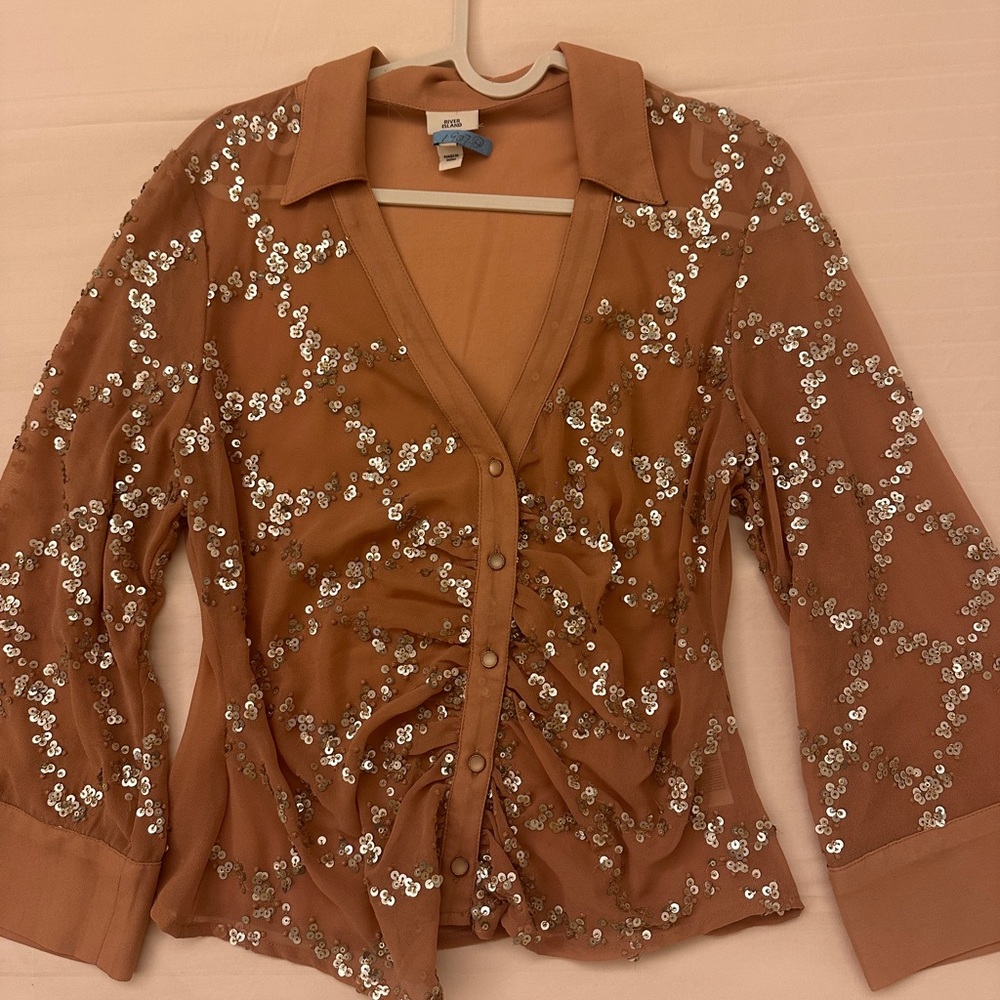 River Island Nude Sequin Ruched Blouse Button Front